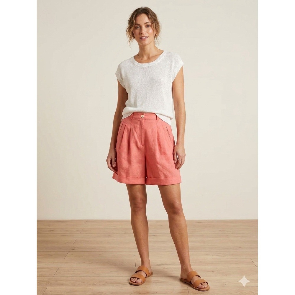 Vintage Linen‎ Shorts High Rise Waist Bermuda Pleated Loose Pink Mom Preppy XS